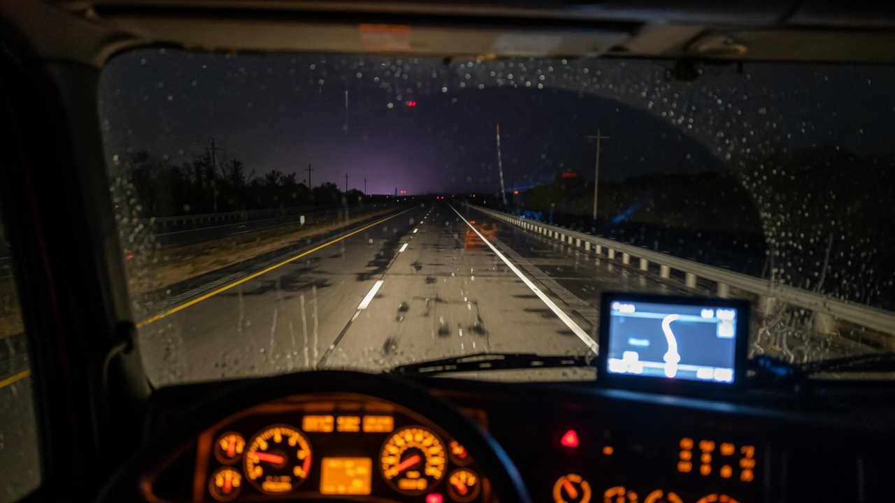 Truck cab at night, amber gauges