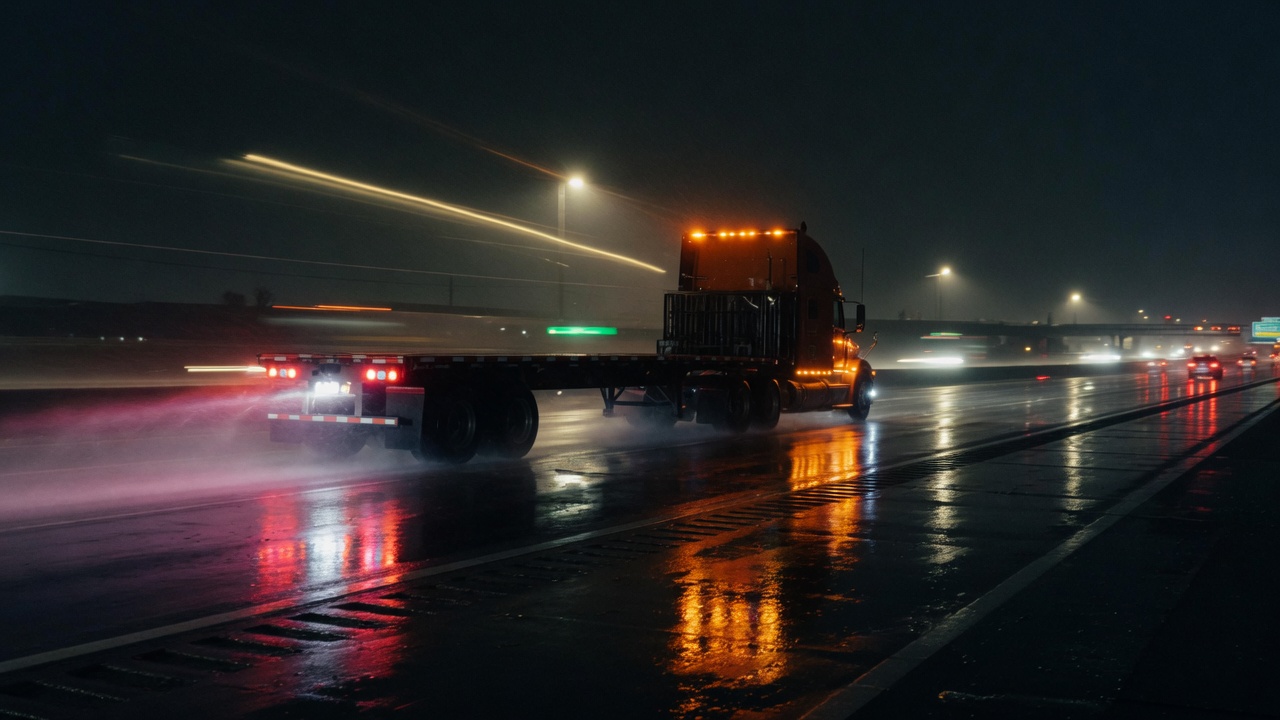 Night interstate, empty trailer rolling
